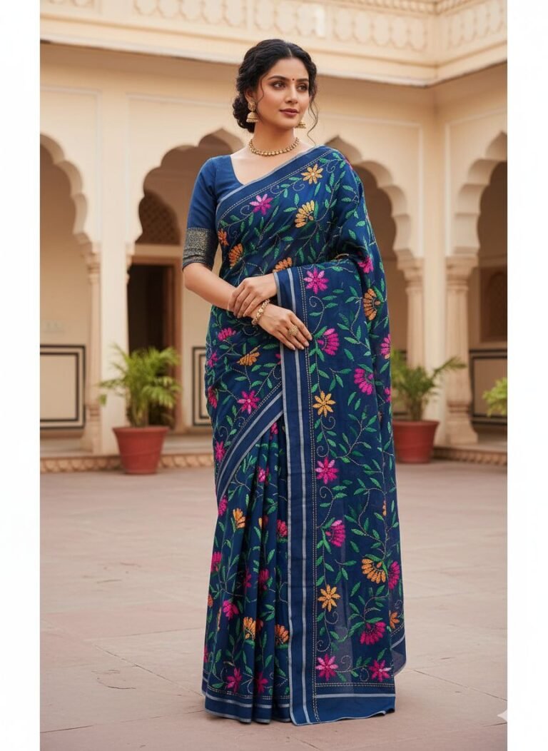 Timeless Elegance: The Magic of Our Handcrafted Navy Blue Floral Saree